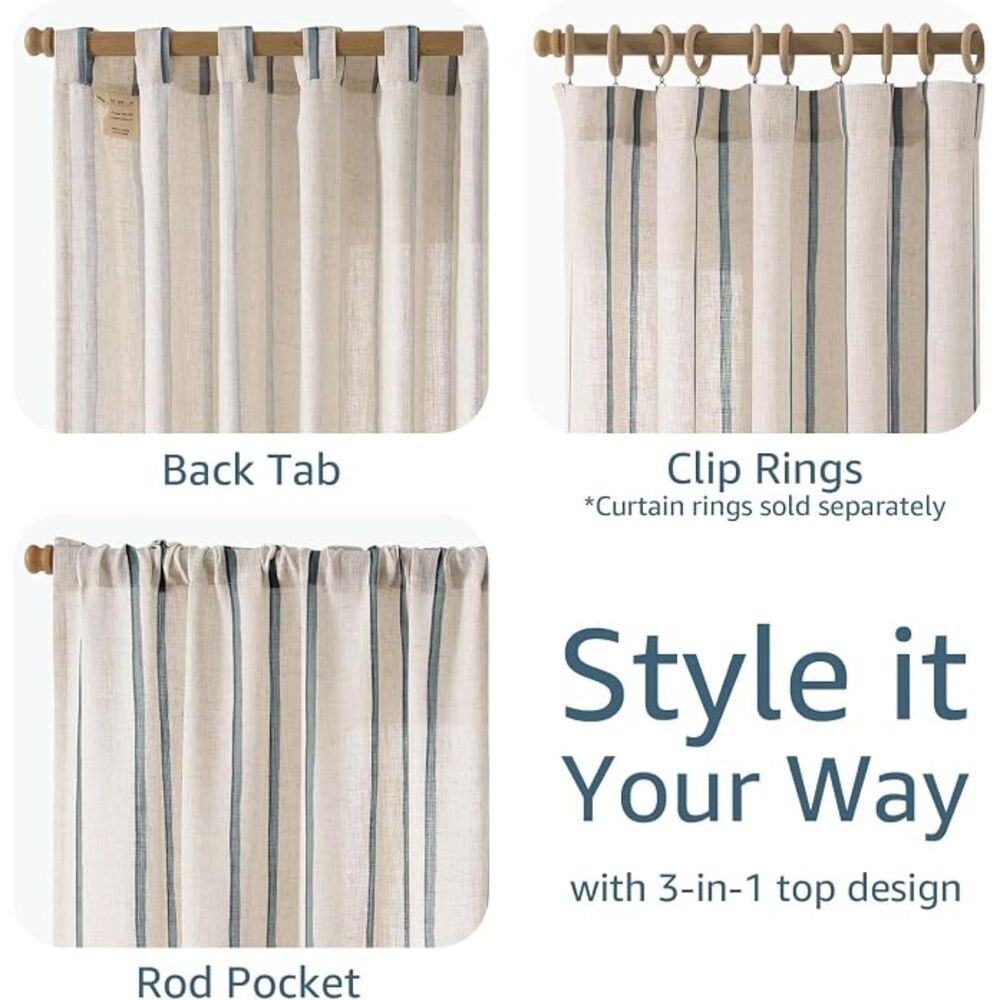 Brand New Jinchan Blue on Beige Striped Linen Curtains 84″ Long – Set of 2 - Picture 3 of 4